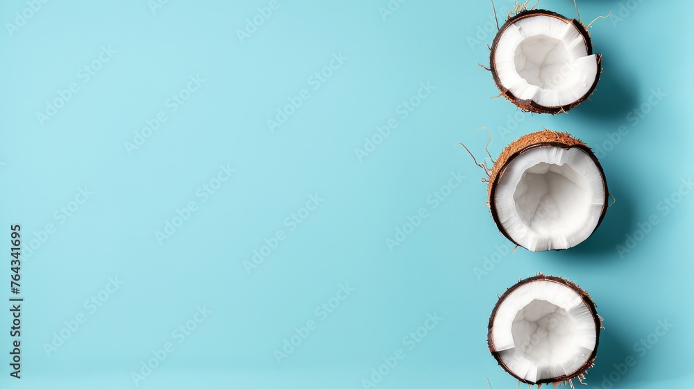 Poster three whole coconuts on a blue background with one cut in half and three whole coconuts in the middl