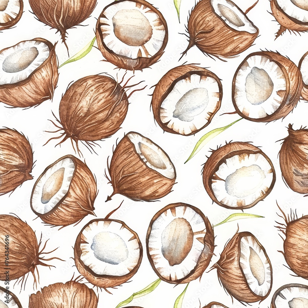 Poster a close up of a bunch of coconuts on a white background with a green stem in the middle of the image