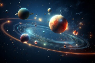 Celestial 3D backdrop with planets, stars, and cosmic events