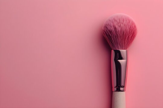 Professional Photo of a Makeup Brush on a Pastel Pink Background with Copy Space. Concept Makeup Brush Photography, Pastel Pink Styling, Copy Space, Professional Photoshoot, Beauty Product Display