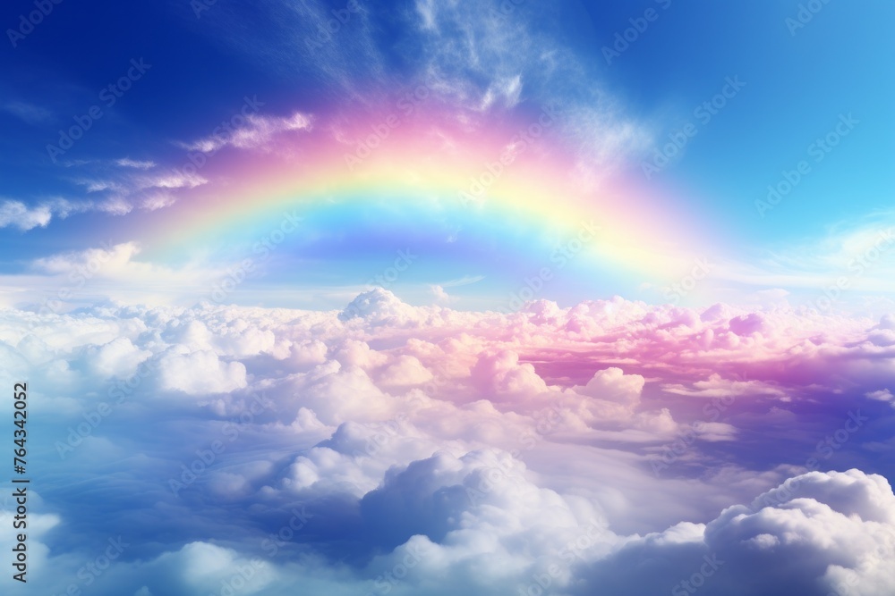Poster dynamic sky background with a rainbow arching across the clouds