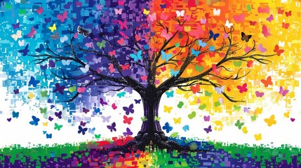 a multicolored tree with butterflies in the shape of a heart on the left and a rainbow background on the right.