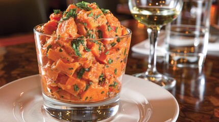 a close up of a bowl of food on a plate next to a glass of wine and a wine glass.