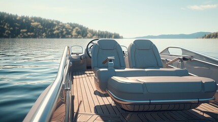 A photo of a modern pontoon boat equipped for relaxation - obrazy, fototapety, plakaty