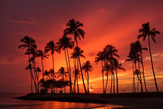 Fiery sunset sky background with silhouetted palm trees on a beach