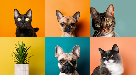 Pets, 3 cats and 2 dogs,  profile shots, cute animal pet portraits, pastel colours, negative space, tropical indoor plants, colorful backgrounds