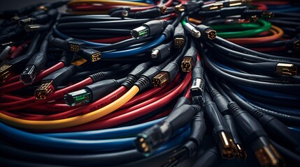 A photo of a neatly organized collection of AV cable - obrazy, fototapety, plakaty