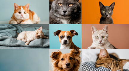 set of Pets, 6 cats and 2 dogs,  profile shots, cute animal pet portraits, pastel colours, negative space, tropical indoor plants, colorful backgrounds