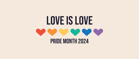 Pride Month banner, Pride Flag colors with heart shape. LGBTQ Rainbow flag with Pride Month 2024