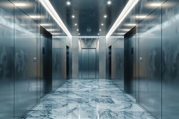 Sleek and modern elevator interior with polished metal doors and minimalistic design. 3D rendering. - obrazy, fototapety, plakaty