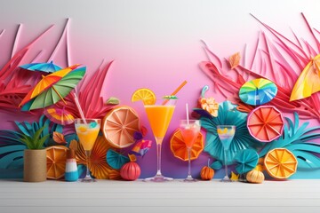 Mockup of a tropical cocktail party with colorful drinks, umbrellas, and beach towels