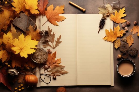 Mockup of an autumn themed scrapbooking layout with leaves, stickers, and photos