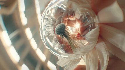 a close up of a person holding a glass vase with a flower in it and a sun shining through the glass.