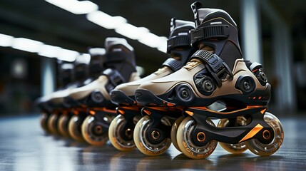 A photo of a row of neatly organized rollerblades.