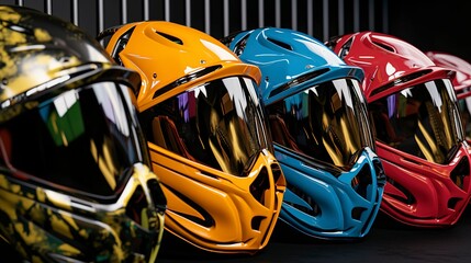 A photo of a row of neatly organized paintball mask