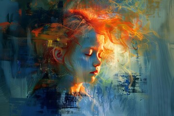 Stylized digital painting of a young girl's head, transcendent meditation dream concept