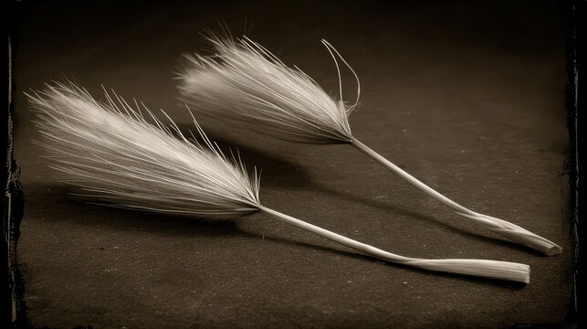 a couple of white feathers sitting on top of a brown table next to a black and white picture of a toothbrush.