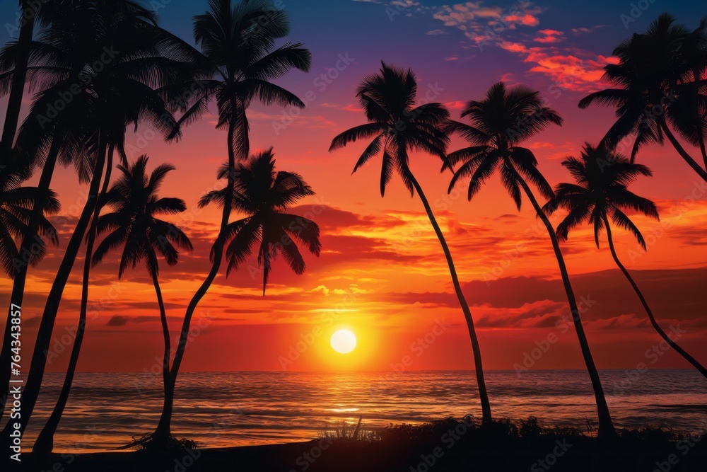 Canvas Prints Sunset sky background with silhouetted palm trees on a tropical beach