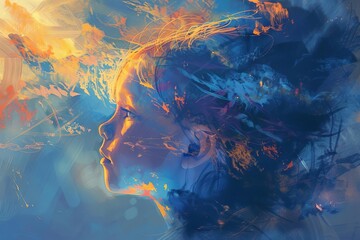 Fototapeta na wymiar Stylized digital painting of a young girl's head, transcendent meditation dream concept