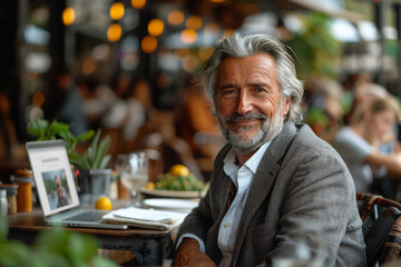 Relaxed Elegance Confident Businesspeople and Colleague Enjoying a Casual Meeting at a Bustling Cafe