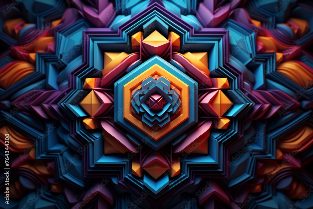 Poster a close up of a 3d hypnotic pattern with intricate geometric symmetry and mesmerizing colors with ca