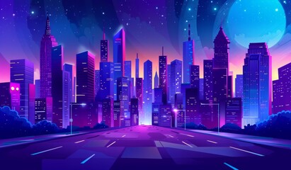 purple neon cityscape with skyscrapers and road at night futuristic modern big metropolis with moon light, stars and buildings Generative AI