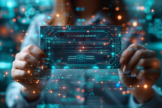 Business standard certificate concept. Businessman holding Certified business documents on virtual screen . International standard certification of product.