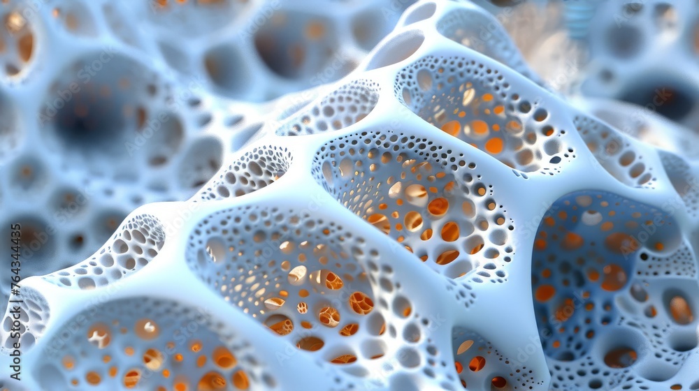 Poster a close up view of a white object with holes in the center of the structure and a lot of holes in th