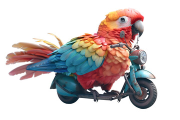 A 3D animated cartoon render of a colorful parrot having fun on a motorized scooter.