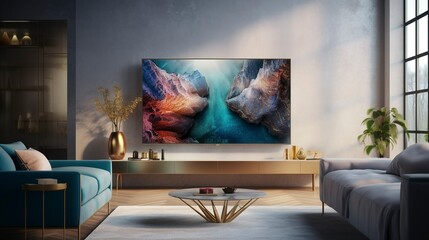 A photo of a sleek wall-mounted flat-screen television - obrazy, fototapety, plakaty