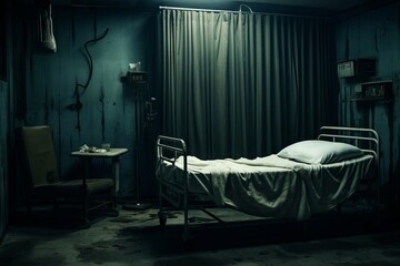 A dystopian hospital room with a patient in isolation