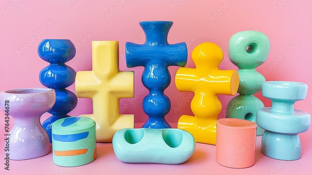 Poster a group of colorful vases sitting on top of a pink surface with a cross on one of the vases.