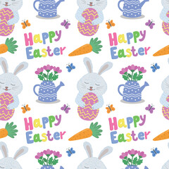 Seamless pattern with flowers, eggs and rabbits for Easter, vector illustration. Easter vector pattern with rabbit, butterfly, eggs.