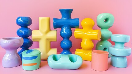 a group of colorful vases sitting on top of a pink surface with a cross on one of the vases.
