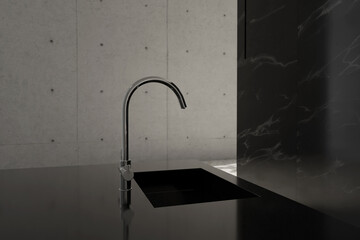 3D rendering of kitchen tap on black reflective kitchen countertop