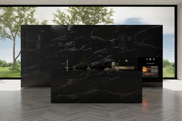 Spacious kitchen with black marble kitchen furniture. 3D Rendering 