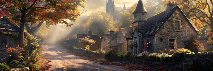 Quaint Stone Village under Dawn's Early Light - A Mystic Blend of History and Nature by JM Thorpe