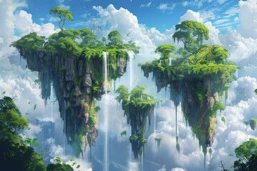 Surreal landscape with floating islands and waterfalls, digital painting