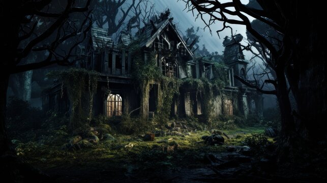 Abandoned and dilapidated haunted house with broken windows and overgrown vegetation, representing a spooky Halloween location