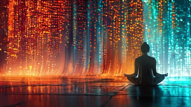 A person is sitting meditating in a room with a data waterfall in the background. The room is illuminated with colorful lights, creating a serene and calming atmosphere. The person appears to be in a 