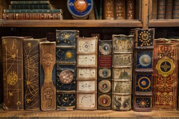 A row of books neatly arranged on a wooden shelf, showcasing vintage astrological books and manuscripts with ornate covers and intricate illustrations - obrazy, fototapety, plakaty