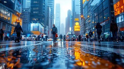 a group of people are walking down a wet city street at night - obrazy, fototapety, plakaty