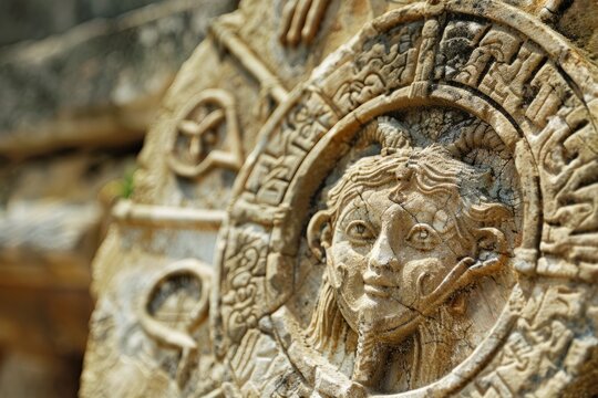 Detailed view of a stone carving showing a womans figure and features intricately carved into the stone surface
