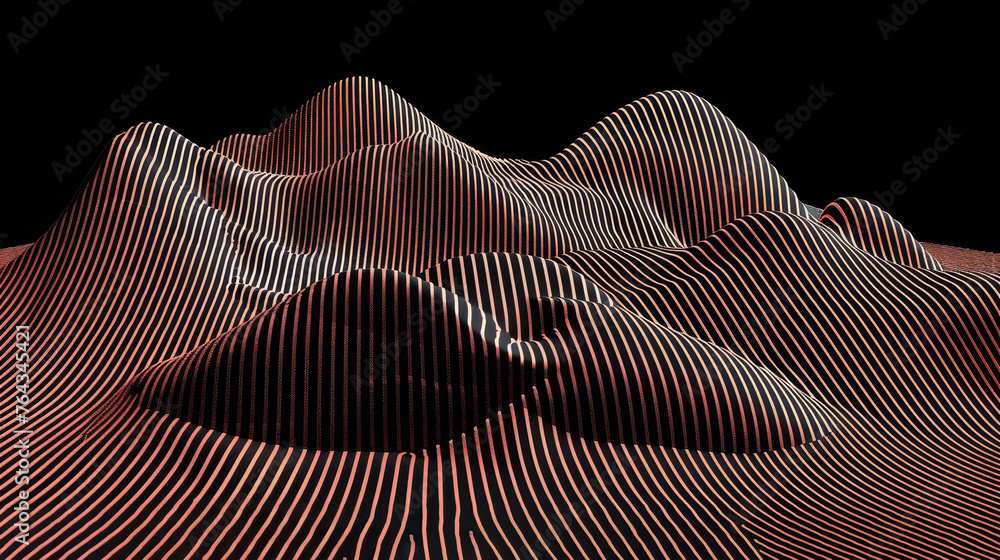 Poster a black and white photo of a mountain range with a red and white line pattern on the top of it.
