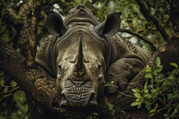 Fototapeta na wymiar A rhinoceros is seen resting comfortably on a sturdy tree branch in its natural habitat