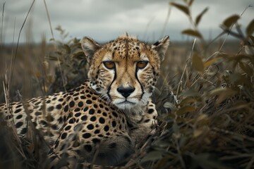 A cheetah sits calmly in a field of tall grass, blending into its natural habitat