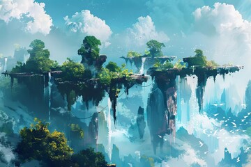 Surreal landscape with floating islands and waterfalls, digital painting - obrazy, fototapety, plakaty
