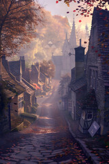 Quaint Stone Village under Dawn's Early Light - A Mystic Blend of History and Nature by JM Thorpe