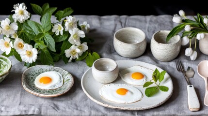 a close up of a plate with eggs on it next to a vase of flowers and a knife and fork.