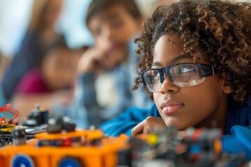 A young girl, wearing glasses, gazes at a toy truck with curiosity, exploring STEM concepts through...